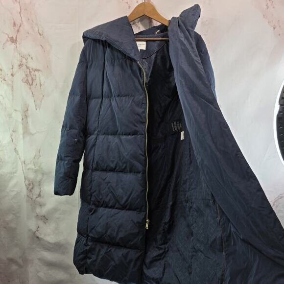 Cole Haan Down Puffer Jacket Womens Medium Blue Parka Coat Hood Long Navy - Picture 8 of 11